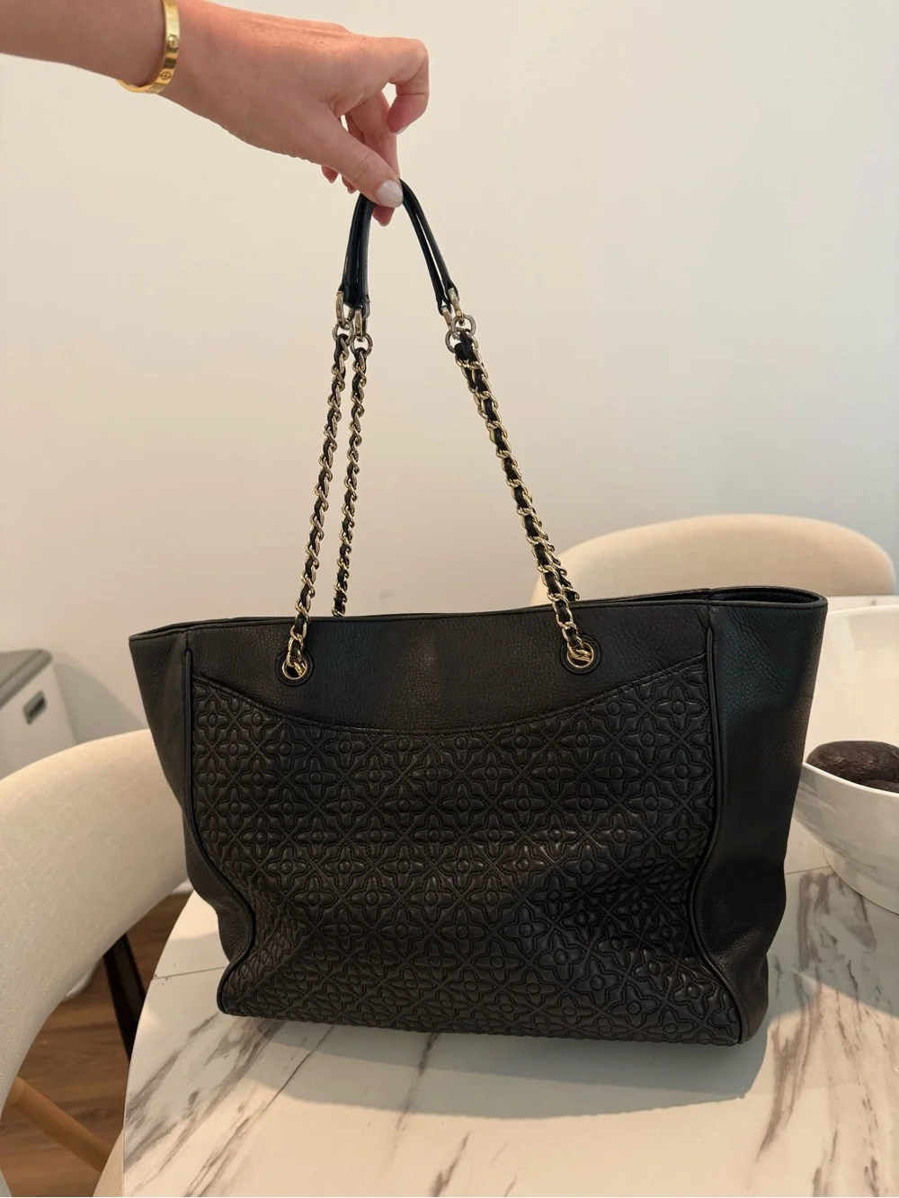 Tory Burch Black Quilted-Pattern Leather Tote with Gold Chain Straps